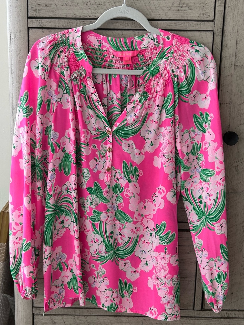 Lilly Pulitzer Elsa Pink Floral Silk Long-Sleeve Blouse